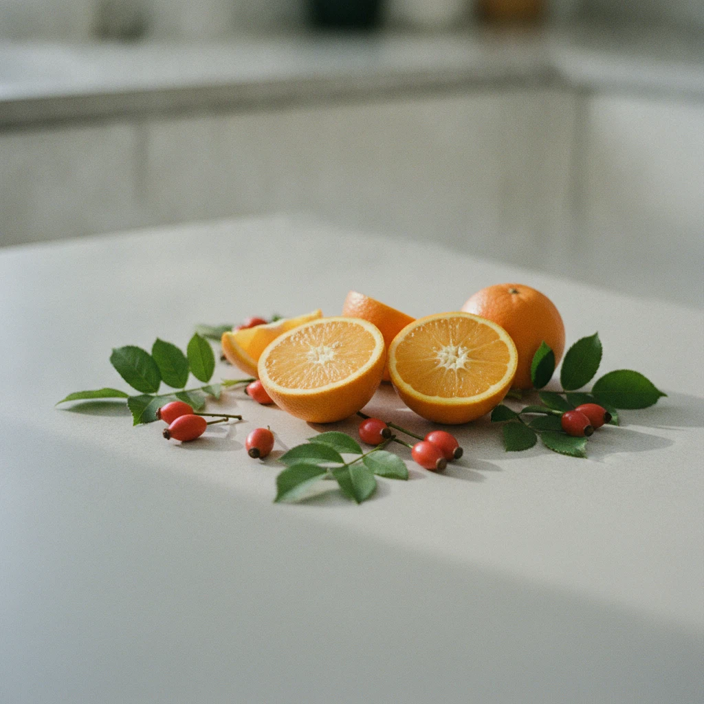 Fresh oranges, rosehips and green leaves arranged on a light stone kitchen surface