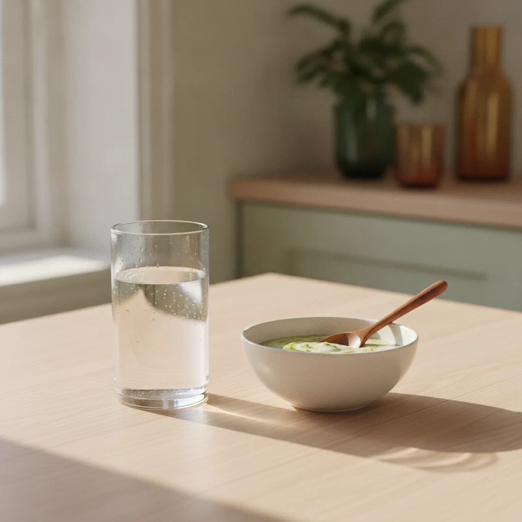 A glass of water and a bowl of breakfast grains on a bright kitchen table in morning light